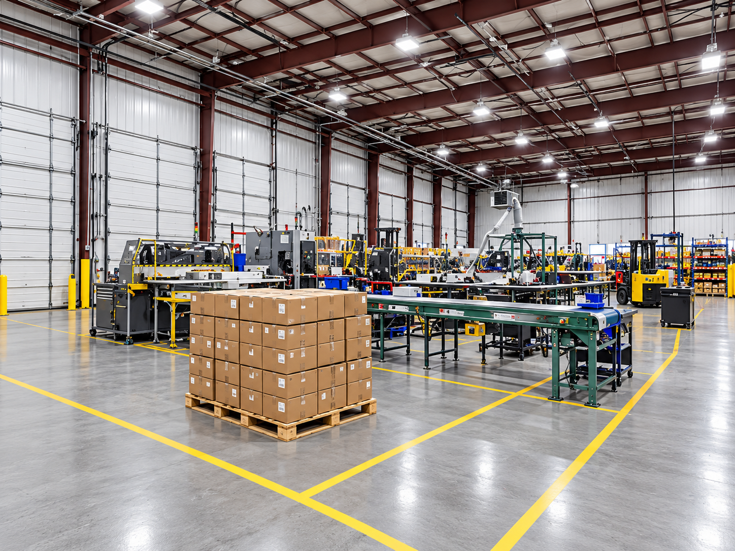 TCO warehouse floor with a pallet of boxed product, a conveyor workstation, production machinery and yellow floor markings